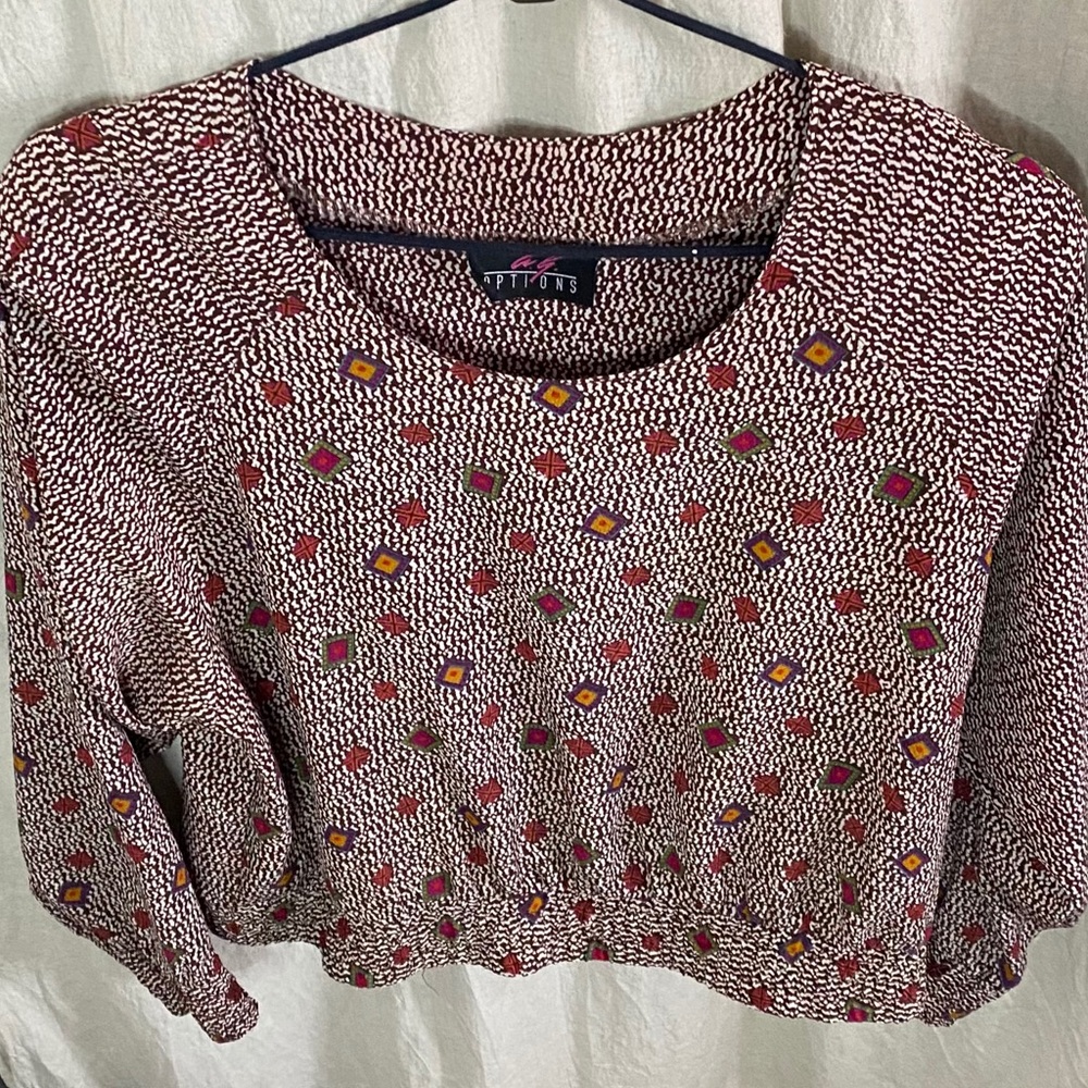 Vintage 80s Long Sleeve Brown with Jewel Tone Pattern Blouse + Shoulder Pads - Picture 15 of 15